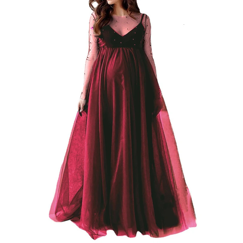 Long Sleeve Bead Mesh Dress For Pregnant Women Wedding Dress Shooting Props Maternity Dress Fashion Pregnant Women Clothing 240309