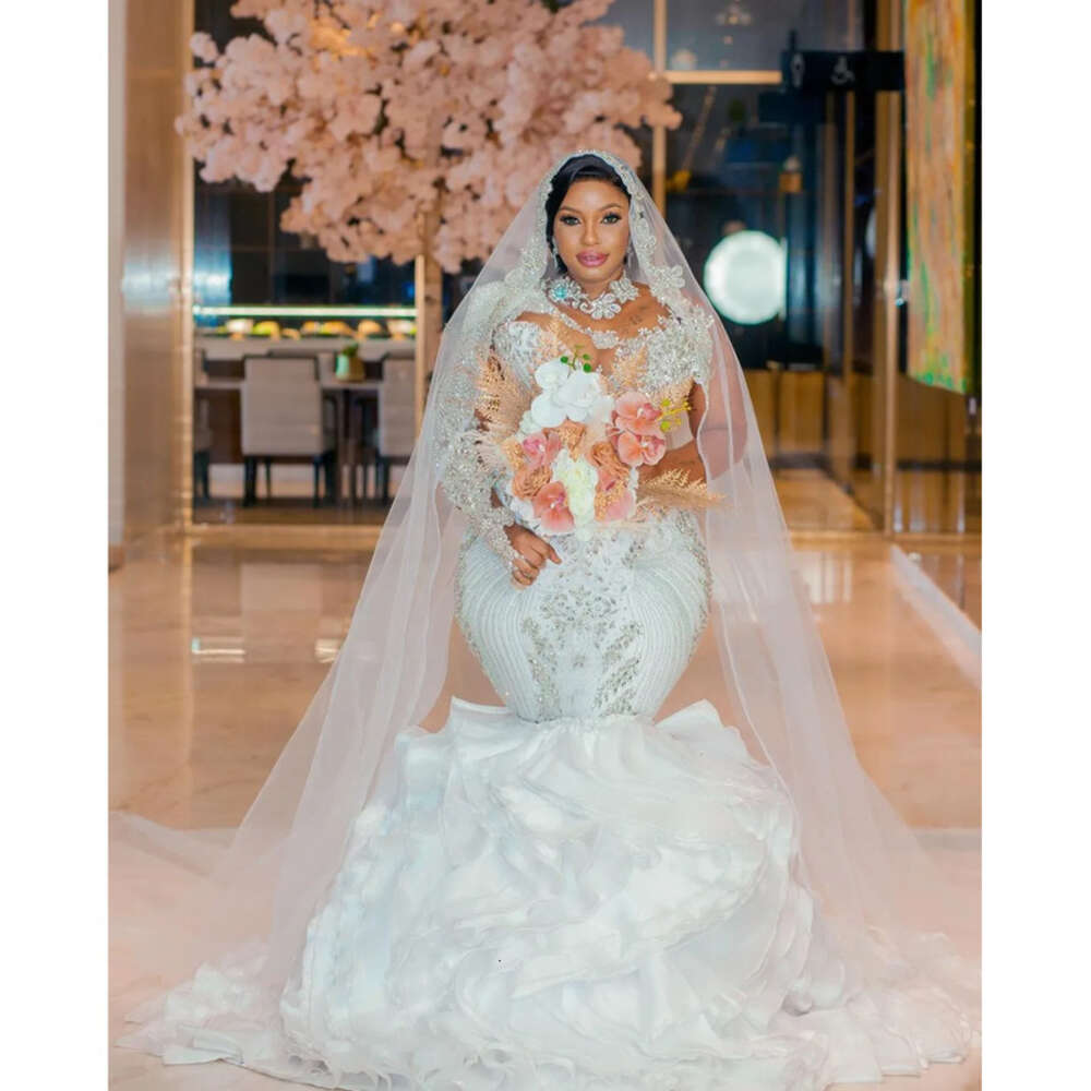 Arabic White Ebi Aso Mermaid Wedding Dress Beaded Crystals Lace Detachable Train Bridal Gowns Dresses ZJ Es