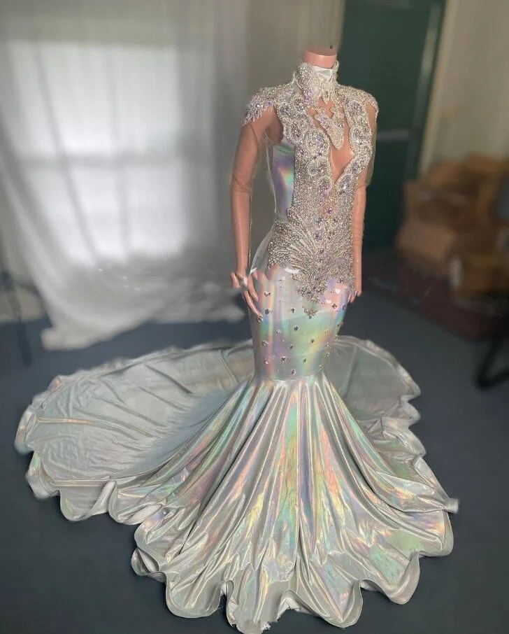 White Sparkly Long Evening Pageant Dresses For Black Girl Diamond Crystal See Through Prom Gala Birthday Dress 2024 0431