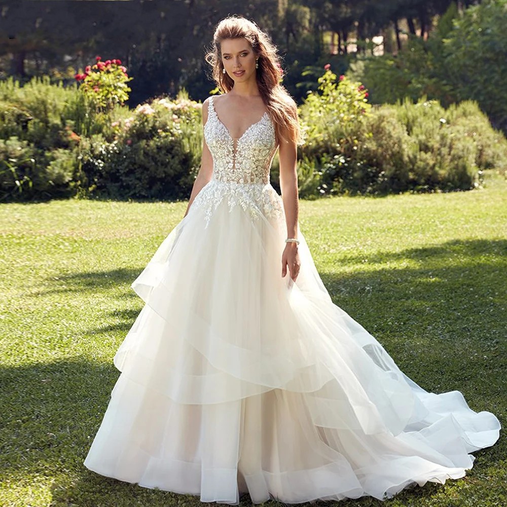 Ruffled Exquisite Wedding Dresses For Women Lace Appliques Tiered Straps Bride Gown Vestidos De Novias Custom Made