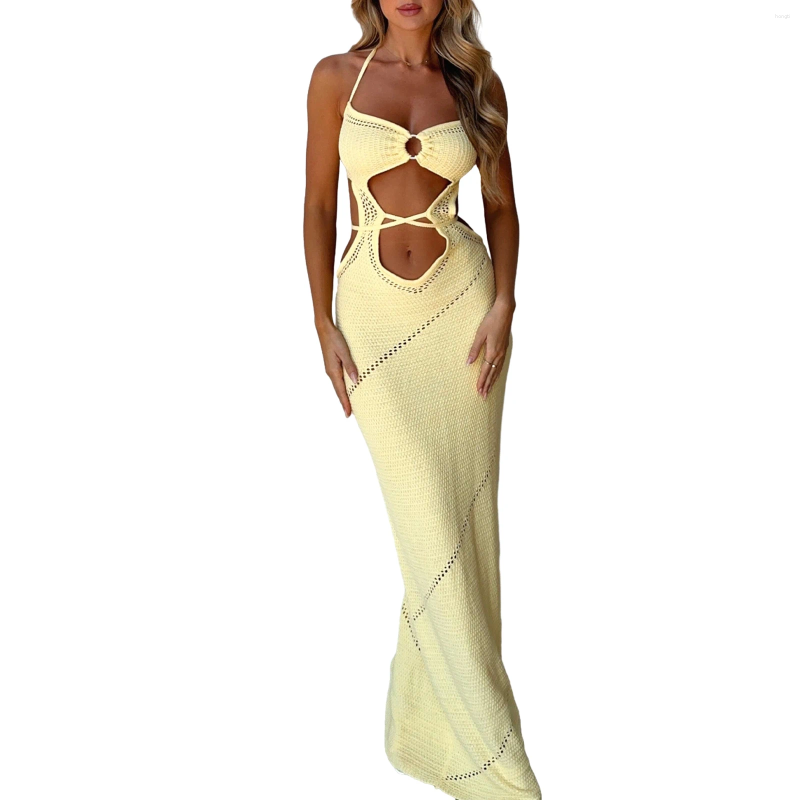 Casual Dresses Women Hollow Out Y2k Bodycon Mini Dress Crochet Cover Up Knit See Through Beachwear Su