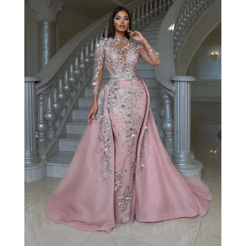 Arabic Pink Ebi Aso Mermaid Prom Dresses D Ral Appliques Evening Formal Party Second Reception Birthday Engagement Gowns Dress ZJ Ress 0121