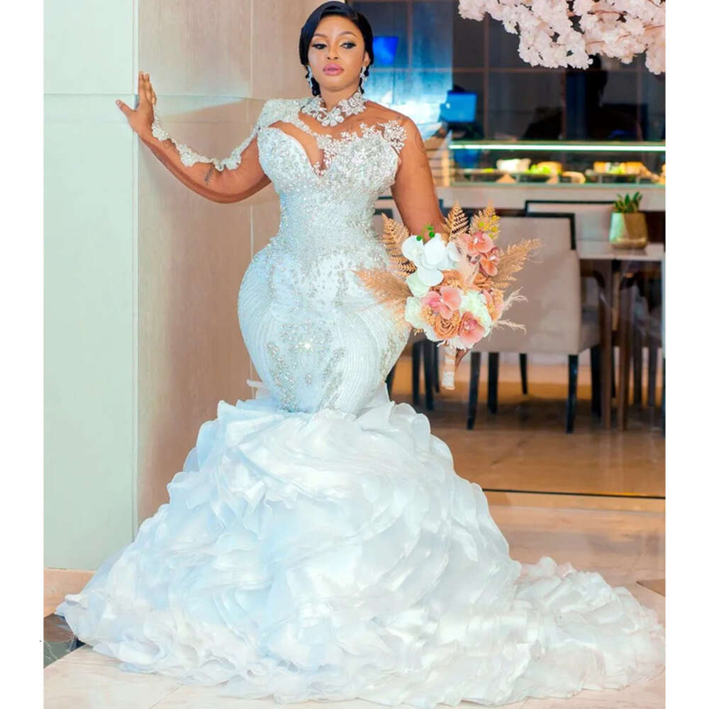 Arabic White Ebi Aso Mermaid Wedding Dress Beaded Crystals Lace Detachable Train Bridal Gowns Dresses ZJ Es