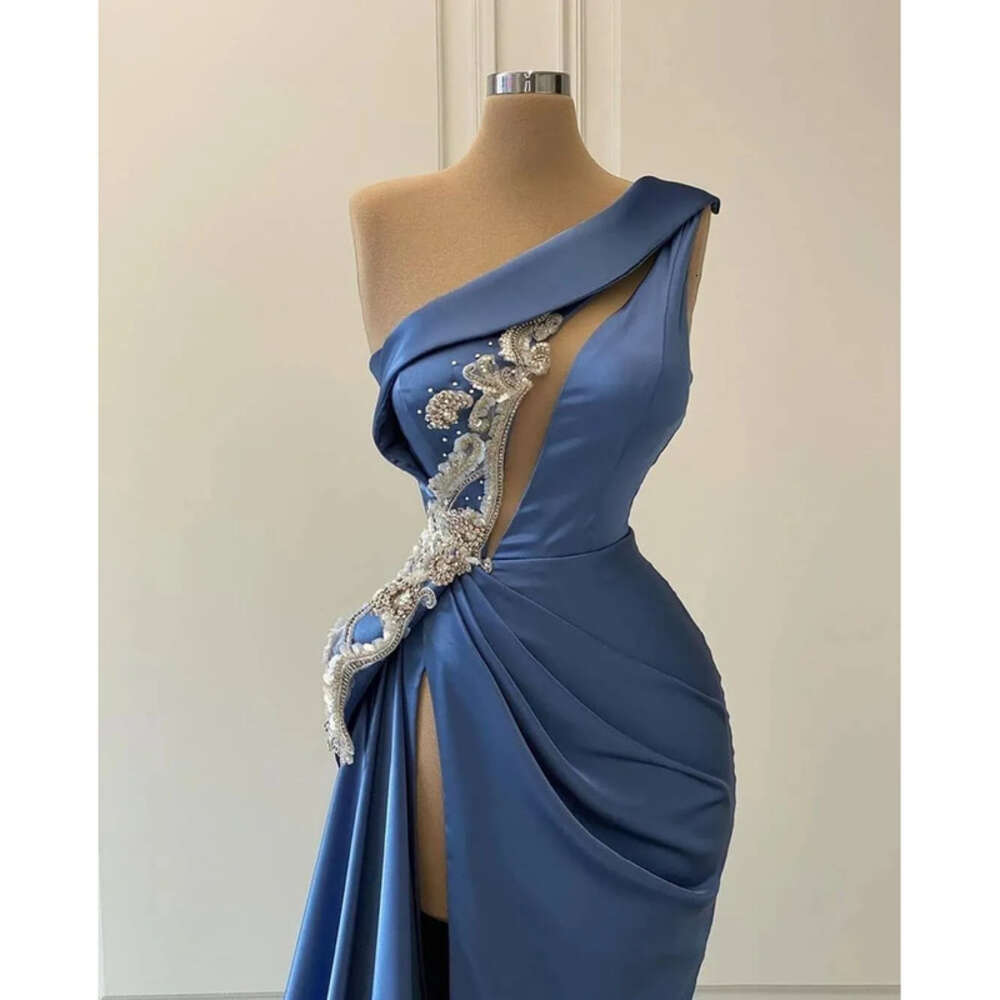 High Thigh Sexy Split Evening Dresses Mermaid One Shoulder Appliques Beads Keyhole Pleats Ruffles Long Ocn Gowns Prom Wears 6660305