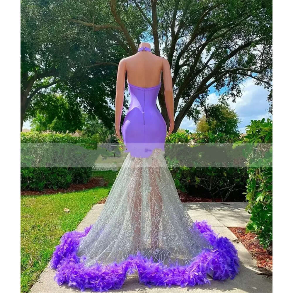 Prom Purple Feathers Black Girls Sexy Halter Neck Mermiad Gowns For Birthday Party Wear Formal Evening Dresses mal