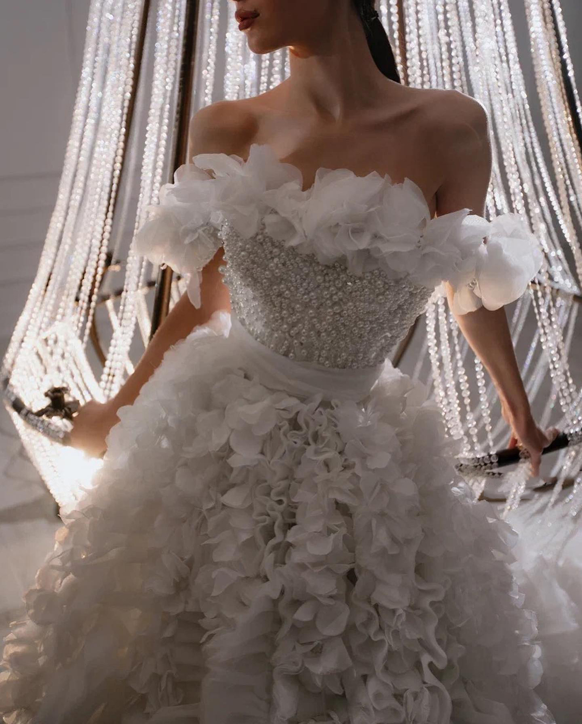 Romantic Wedding Dresses More Pearls A e Bridal Gowns Beaded Off Shoulder Ruffle Train Custom Made Vestidos De Novia