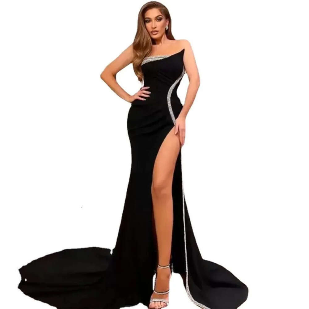Prom Fashion Strapless Dresses With Beaded High Side Split Sexy Trumpet Formal Party Evening Gowns For Bride
