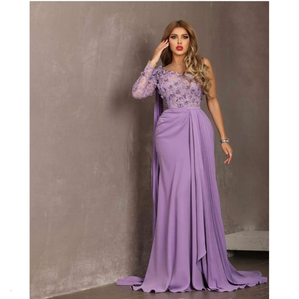 Lavender Ebi Aso Arabic Sexy Evening Lace Beaded Prom Dresses Sheath Formal Party Bridesmaid Second Reception Gown