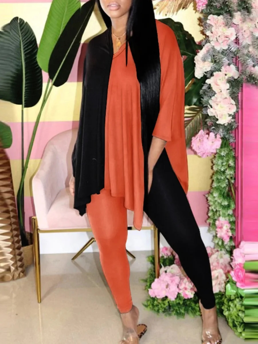 LW Plus Size V Neck Side Split Patchwork Pants Set Autumn WomenSuit Casual Short Sleeve Oversized Two Pieces Outfit 240307