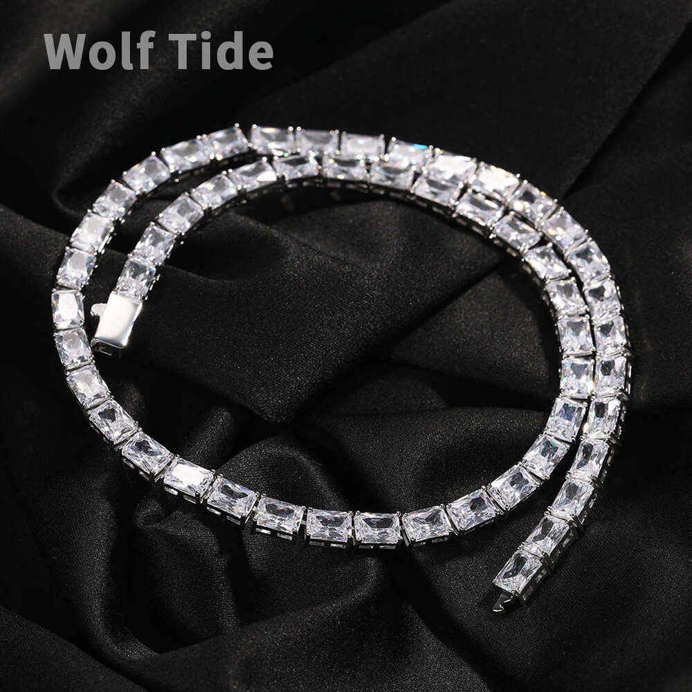 2024 New Hip Hop Rectangular Cubic Zirconia Chain Necklace Choker Ins Personalized Simple Baguette Chains Necklaces Miami Street Minority Copper Gemst