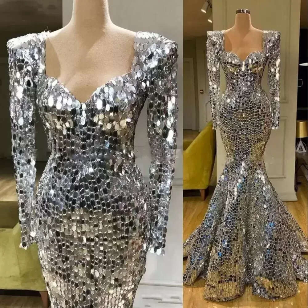 Sequins Sier Sparkly Mermaid Prom Dresses Sleeves Arabic Evening Dress Dubai Long Elegant Women Formal Party Gala Gowns 0914