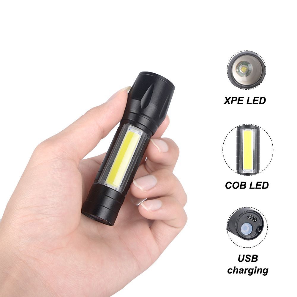 Mini USB rechargeable COB flashlight adjutable zoom aluminium alloy Q5 torch portable outdoor camping lamp 3W built in battery flashlights lights with