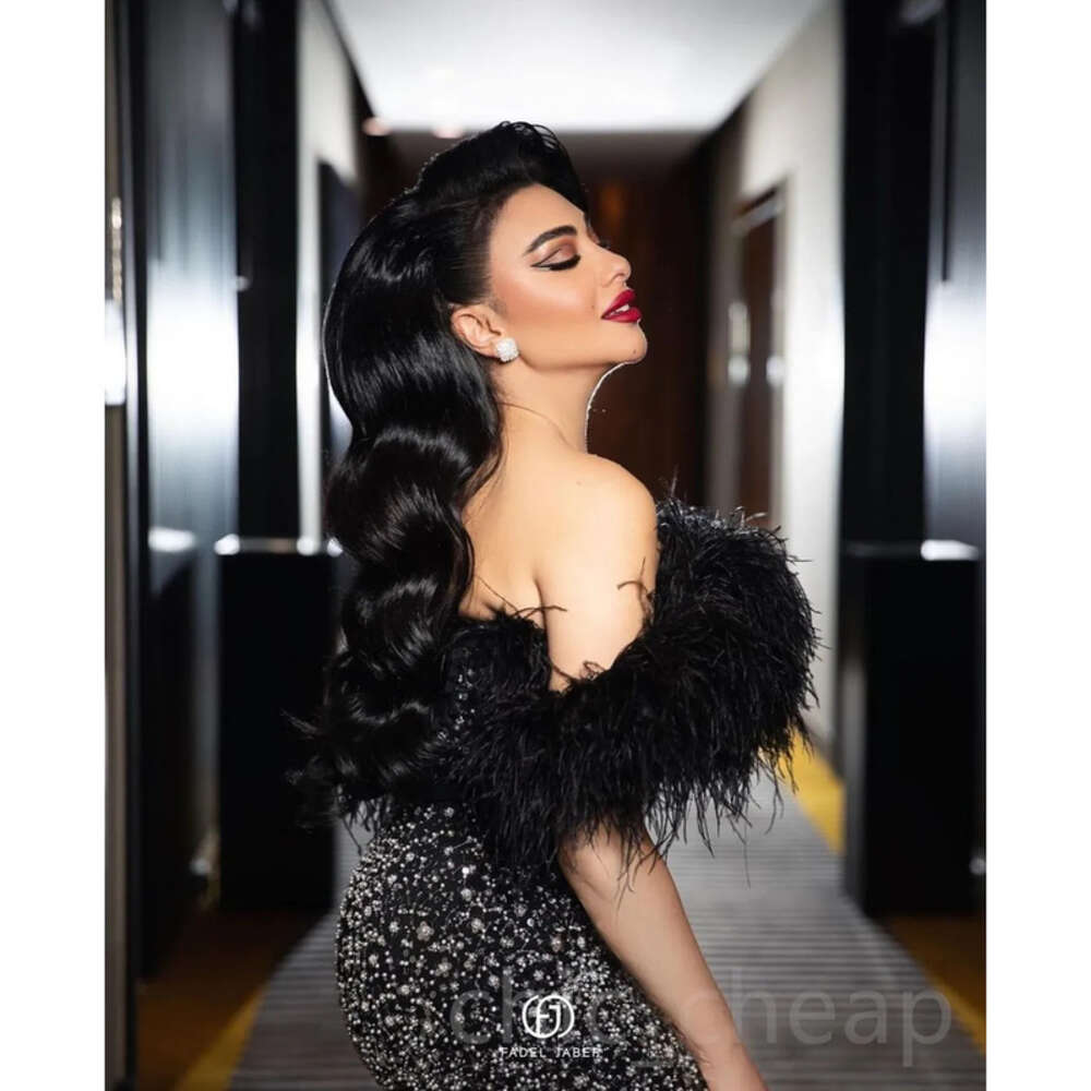 Ebi Black Aso Arabic Sheath Prom Dresses Beaded Feather Urious Evening Formal Party Second Reception Birthday Engagement Gowns Dress ZJ