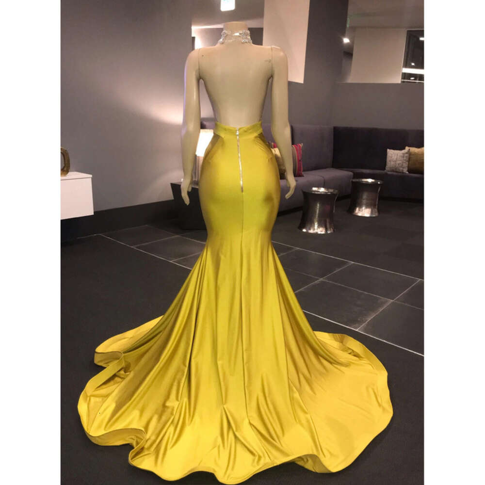 Gold Prom Yellow Dresses Sexy V Neck Sleeveless Mermaid Halter Open Back Sweep Train Formal African Evening Dress