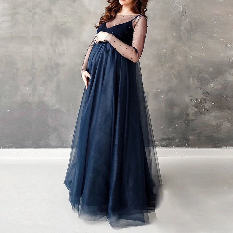 Long Sleeve Bead Mesh Dress For Pregnant Women Wedding Dress Shooting Props Maternity Dress Fashion Pregnant Women Clothing 240309