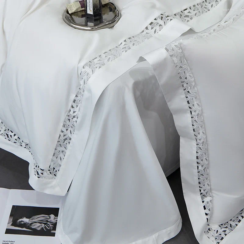 Bedding Sets White High End El Set Luxury Egyptian Cotton Hollow Out Lace Bedclothes Broad Side Duvet Cover Bed Sheet Pillowcases