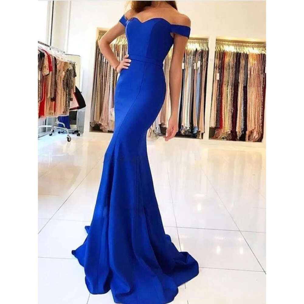 Blue Mermaid Royal Prom Dresses Off Shoulder Backless Sweep Train Simple Garden Country Arabic Bridesmaid Evening Gowns Maid Of Honor