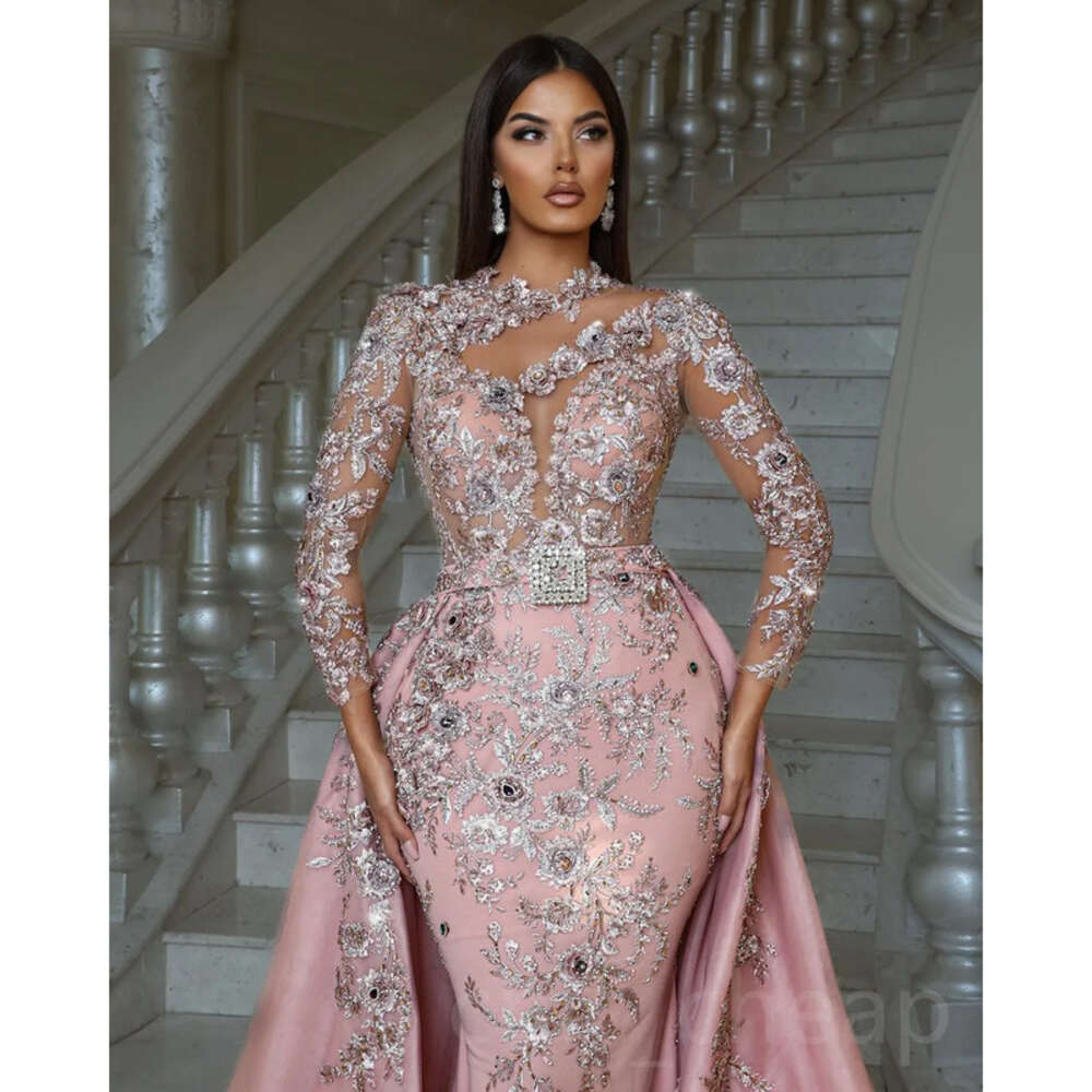 Arabic Pink Ebi Aso Mermaid Prom Dresses D Ral Appliques Evening Formal Party Second Reception Birthday Engagement Gowns Dress ZJ Ress 0121