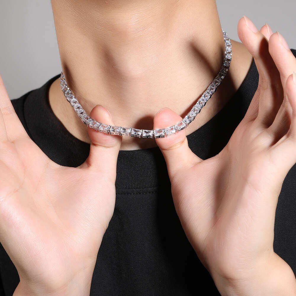 2024 New Hip Hop Rectangular Cubic Zirconia Chain Necklace Choker Ins Personalized Simple Baguette Chains Necklaces Miami Street Minority Copper Gemst