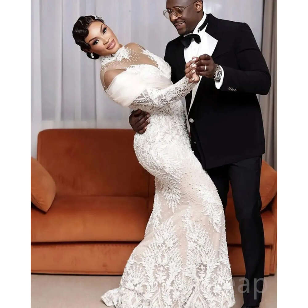 Ebi Mermaid Aso Arabic Lace Wedding Dress Sheer Neck Beaded Illusion Vintage Sexy Bridal Gowns Dresses ZJ Es