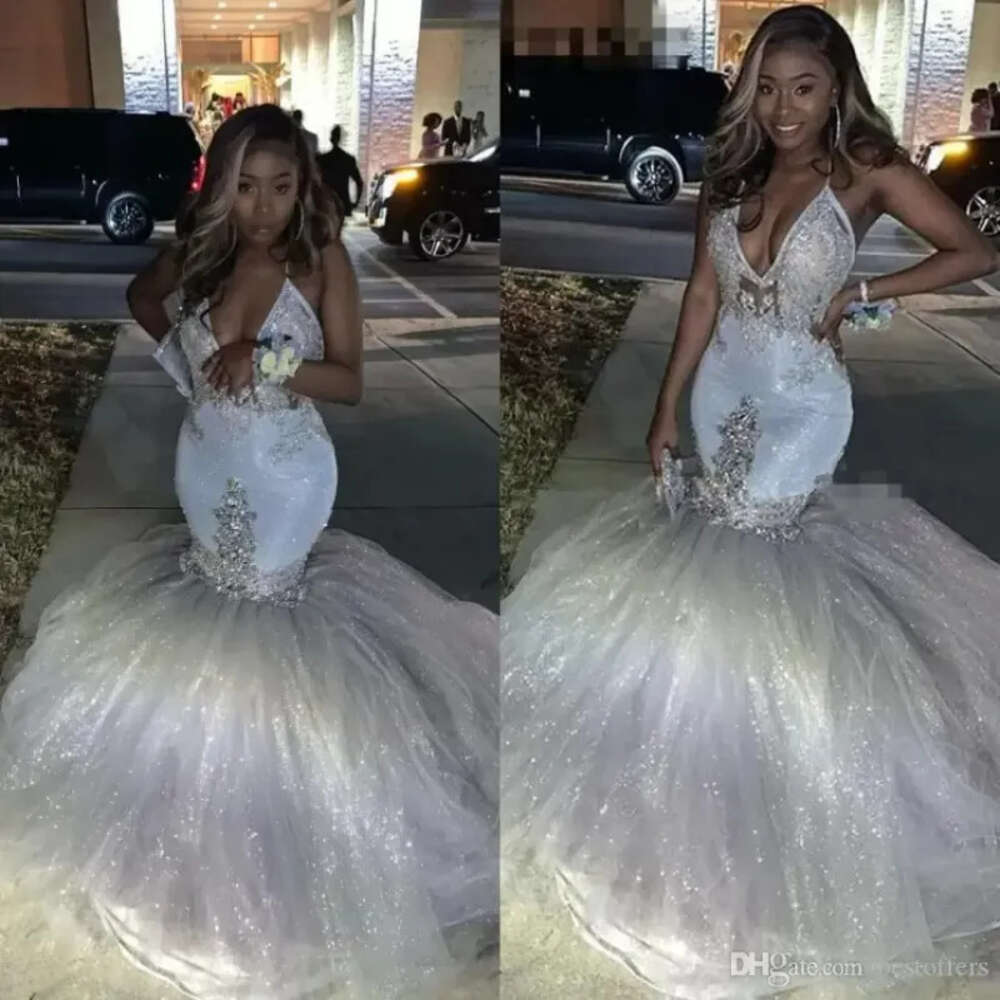 Glitter Sier Prom Sexy V Neck Mermaid Reflective Spaghetti Straps African Long Formal Evening Gowns Graduation Party Dresses 6660305