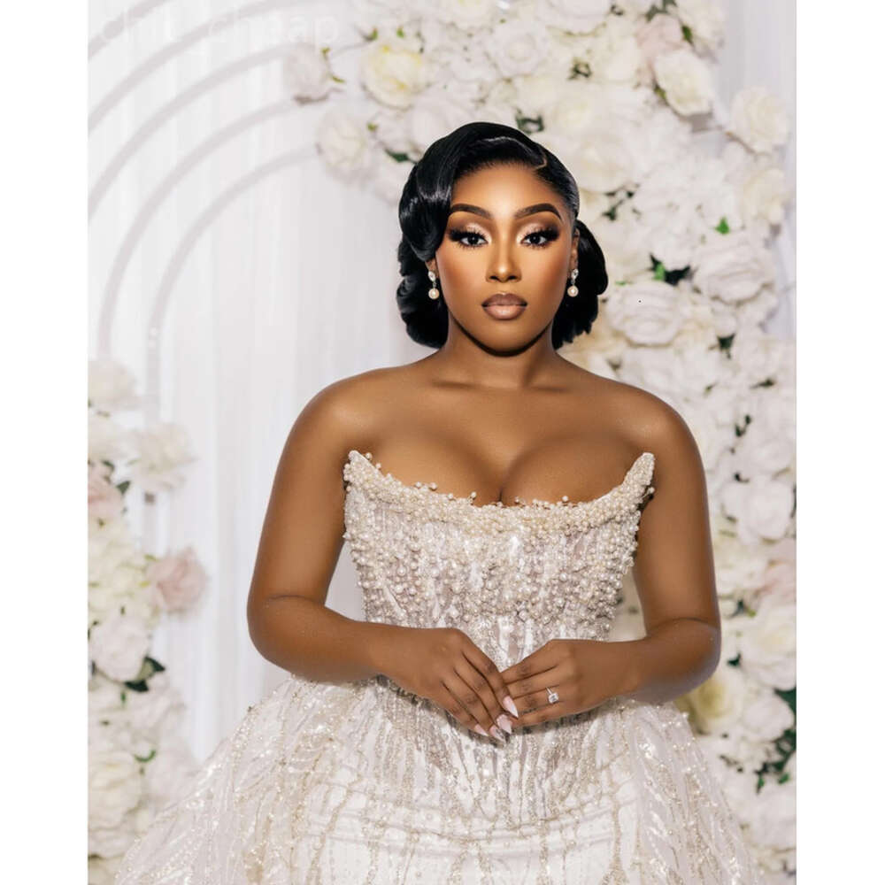 Ivory Aso Ebi Arabic Mermaid Wedding Beaded Pearls Detachable Train Sequined Lace Satin Bridal Gowns Dresses ZJ 0505