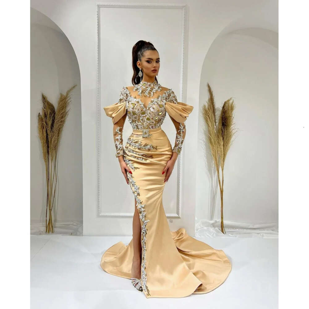 Arabic Champagne Ebi Aso Mermaid Prom Dresses Lace Crystals Beaded Evening Formal Party Second Reception Birthday Engagement Gowns Dress ZJ