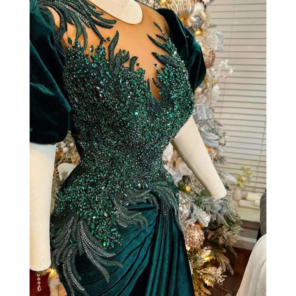 Aso Ebi Arabic Dark Green Mermaid Prom Dresses Beaded Crystals Veet Evening Formal Party Second Reception Birthday Engagement Gowns Dress Plus Size