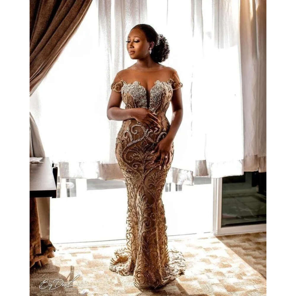 Plus Size Arabic Aso Ebi Gold Urious Mermaid Prom Dresses Sheer Neck Beaded Lace Evening Formal Party Second Reception Gowns Dress