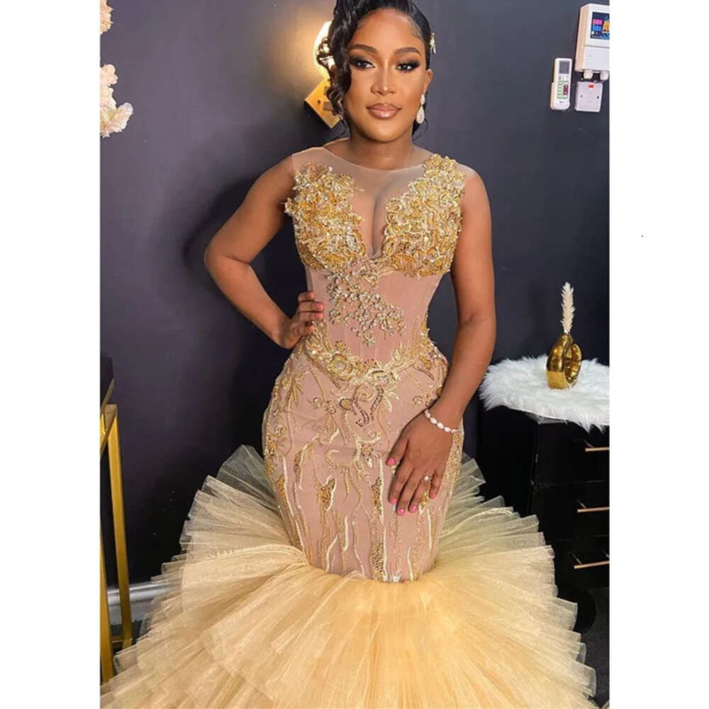 Gold Aso Ebi Arabic Mermaid Prom Dresses Lace Beaded Tiers Evening Formal Party Second Reception Birthday Engagement Gowns Dress ZJ 6660306