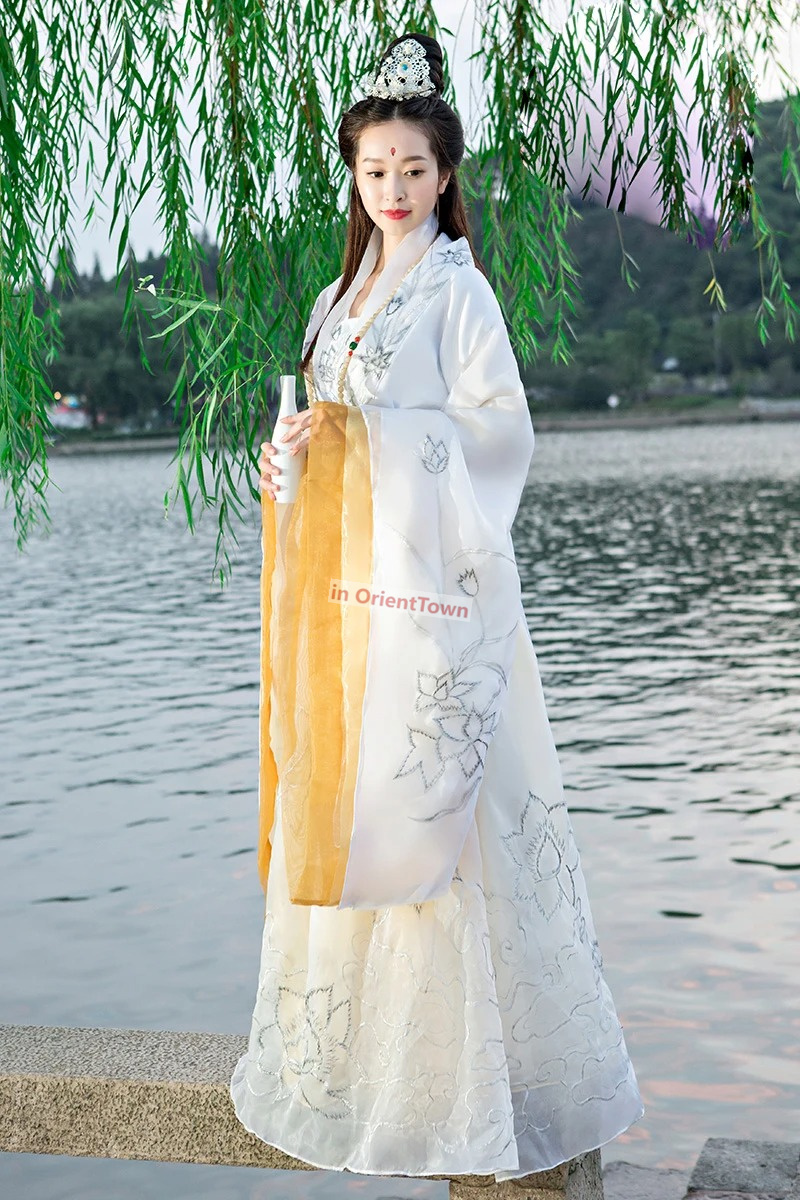 Ethnic Clothing TV Film Ancient White Embroidered Avalokitesvara Clothes Mazu Hanfu Suit Modeling Stage Performance Costume Guan Yin Garment
