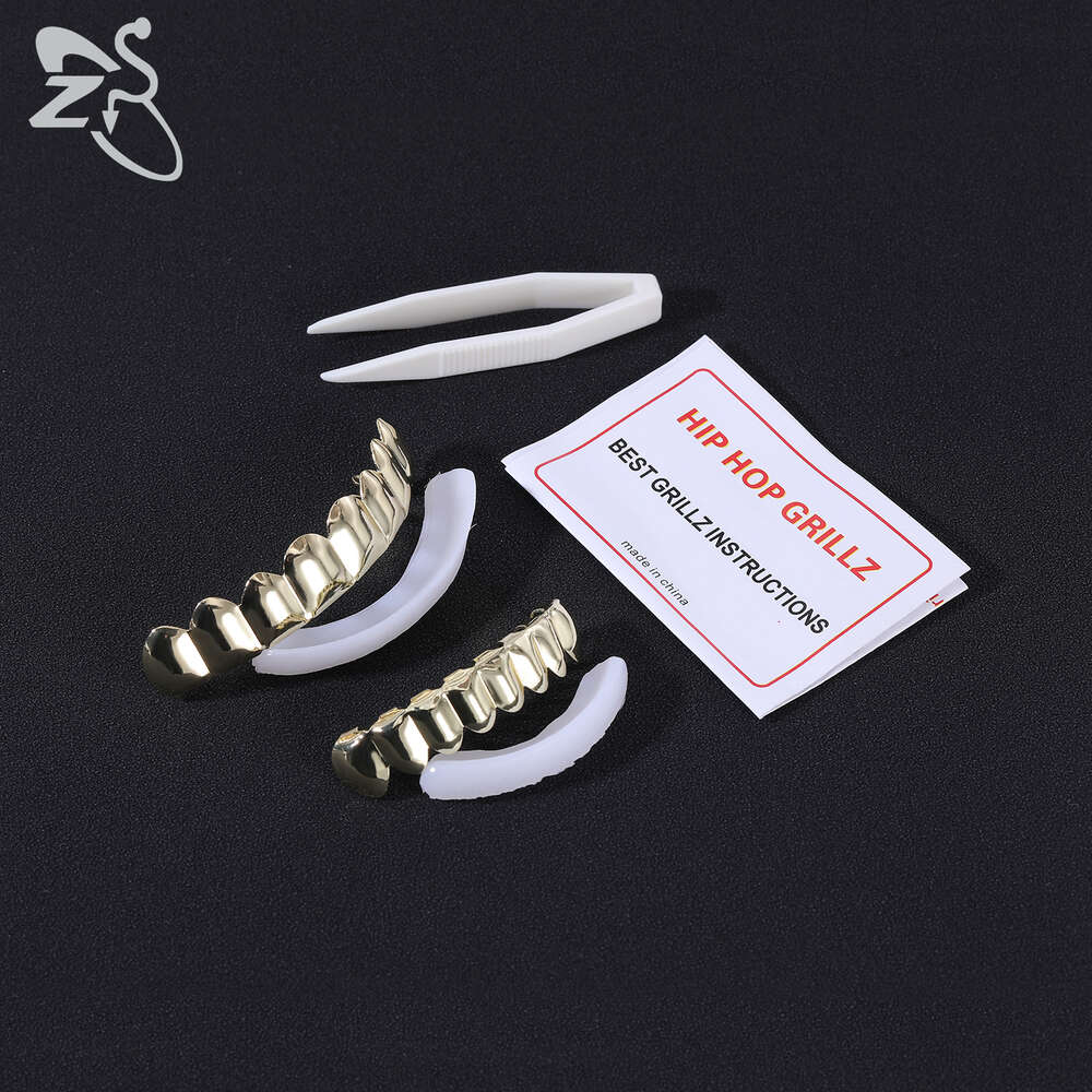 ZS 1-2 Pieces Hip Hop Gold Plated Teeth Shiny CZ Crystal Cross Gap Grillz High Polish Finish Top & Bottom Tooth Cap