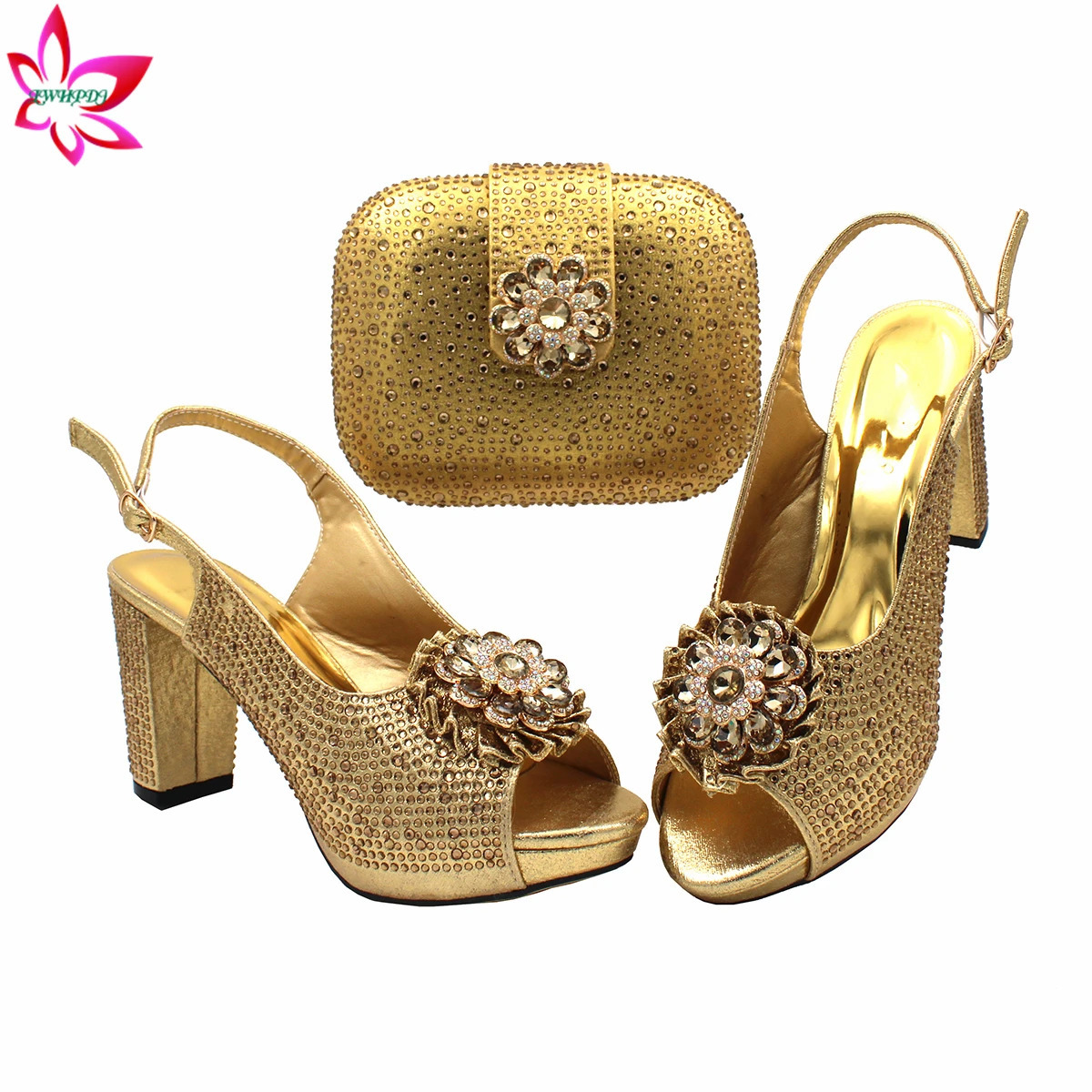 High Quality Classics Style Italian Women Shoes Matching Bag Set in Golden Color Comfortable Heels for Garden Party 240321