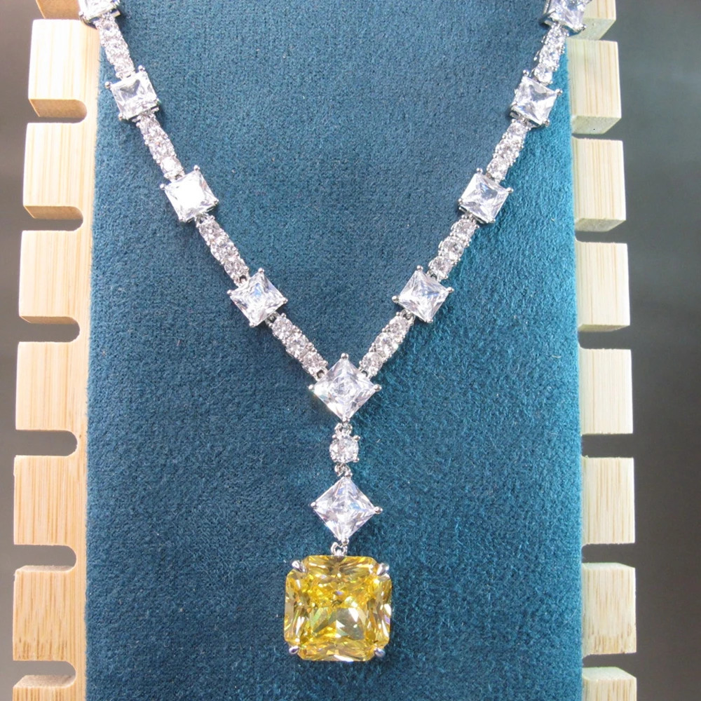 KQDANCE 15mm Lab citrine Diamond Tennis chain Necklace With Yellow stone Silver Gold plated Wedding Jewelry wholesale 240229