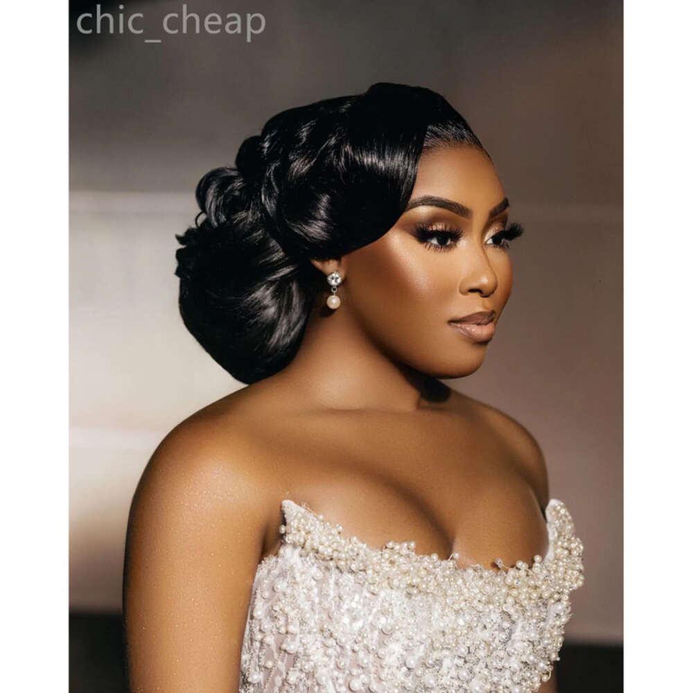 Ivory Aso Ebi Arabic Mermaid Wedding Beaded Pearls Detachable Train Sequined Lace Satin Bridal Gowns Dresses ZJ 0505