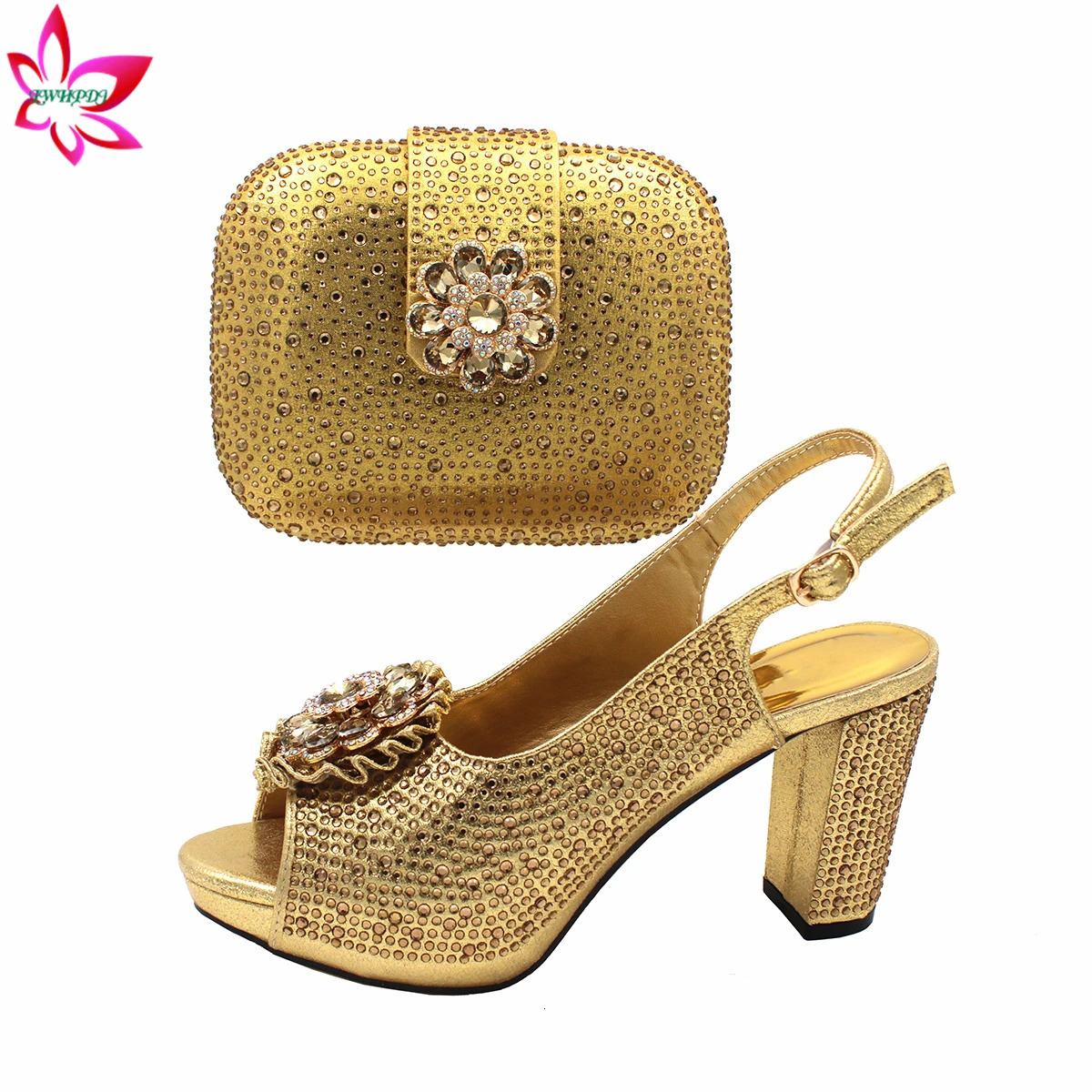 High Quality Classics Style Italian Women Shoes Matching Bag Set in Golden Color Comfortable Heels for Garden Party 240321