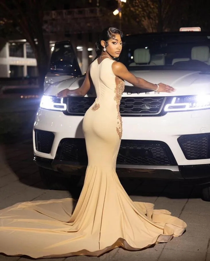 Champagne Long Trumept Prom Formal Dresses For Women Crystal Beaded Black Girl Birthday Gown Vestidos De Gala 2024 0431