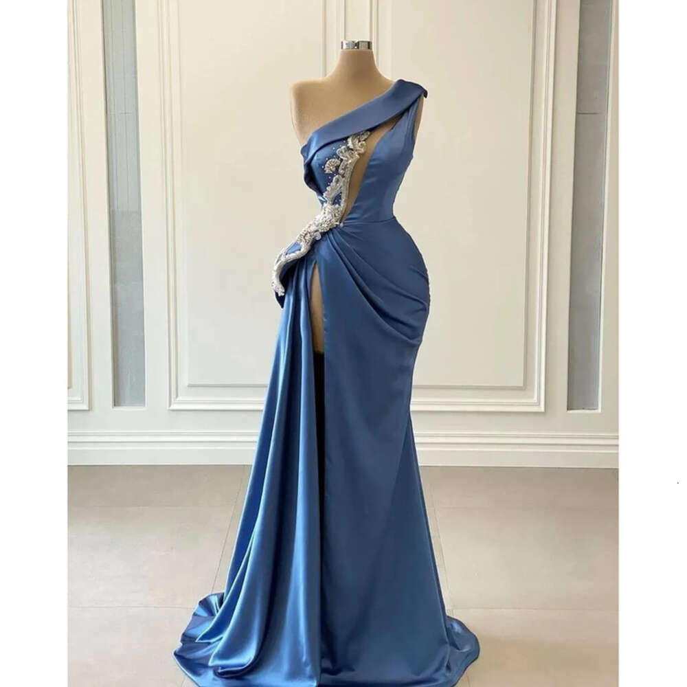 High Thigh Sexy Split Evening Dresses Mermaid One Shoulder Appliques Beads Keyhole Pleats Ruffles Long Ocn Gowns Prom Wears 6660305