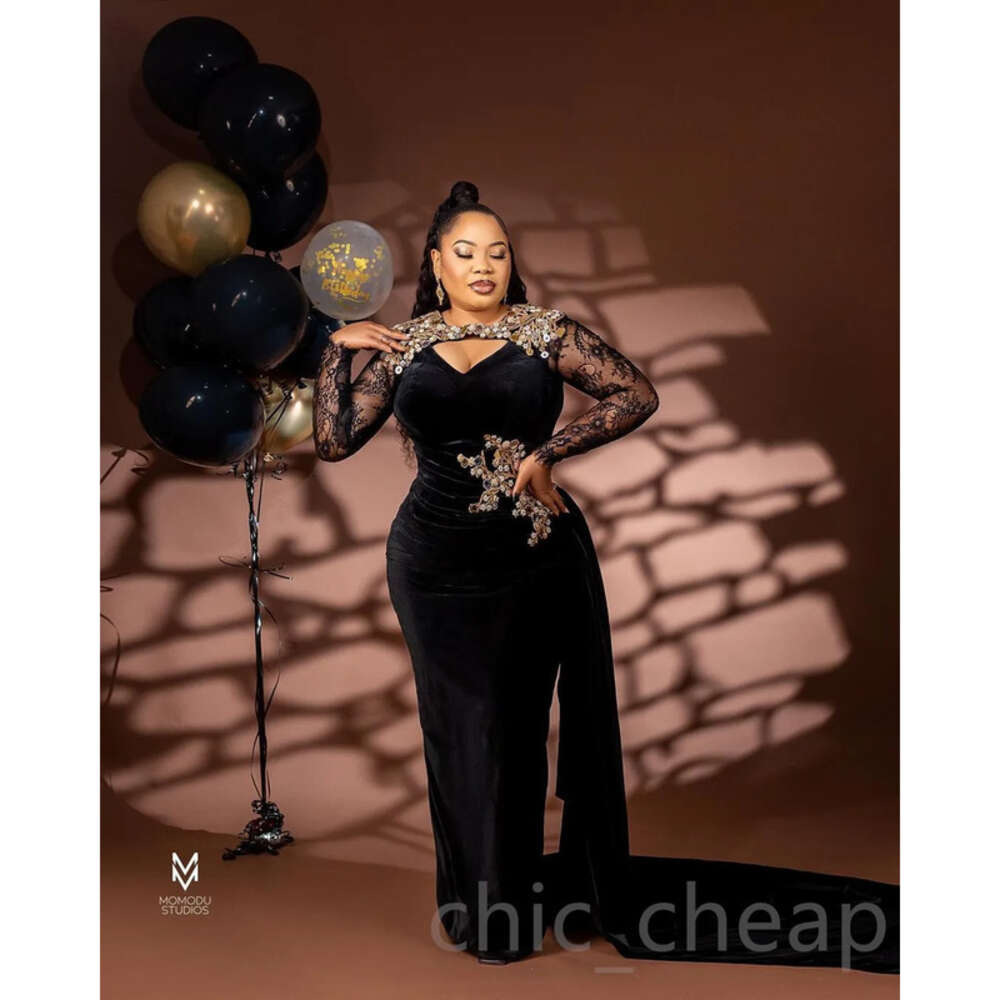 Arabic Sheath Ebi Aso Black Prom Dress Lace Beaded Veet Evening Formal Party Second Reception Birthday Engagement Gowns Dresses Robe De Soiree Es 0914