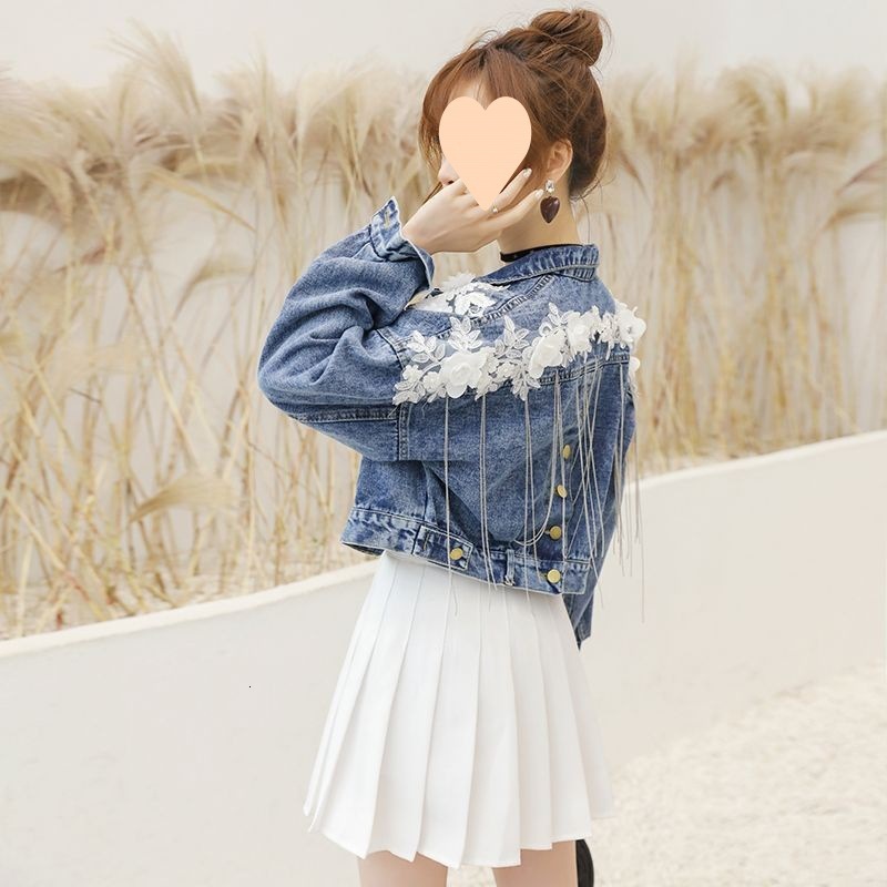 New Spring and Autumn Street Style Holes Denim Jackets for Women Cartoon Diamonds Jean Coats and Jackets Ripped Winbreaker 201109