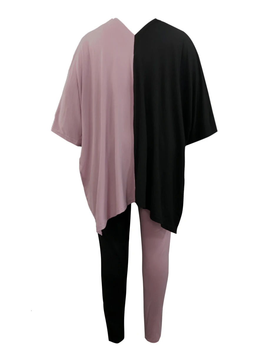 LW Plus Size V Neck Side Split Patchwork Pants Set Autumn WomenSuit Casual Short Sleeve Oversized Two Pieces Outfit 240307