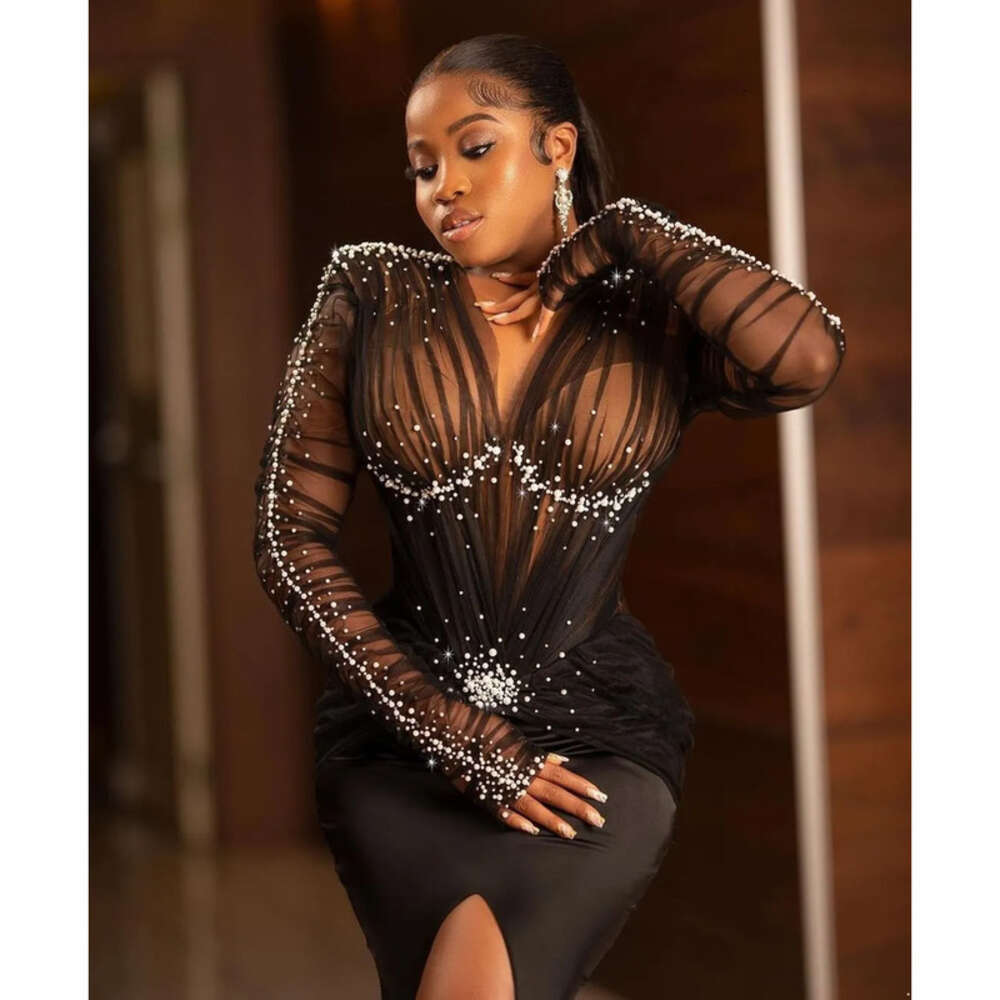 Mermaid African Beading Prom Sexy V Neck Front Split Long Sleeve Evening Gown Satin Outfit Formal Dresses 6660305