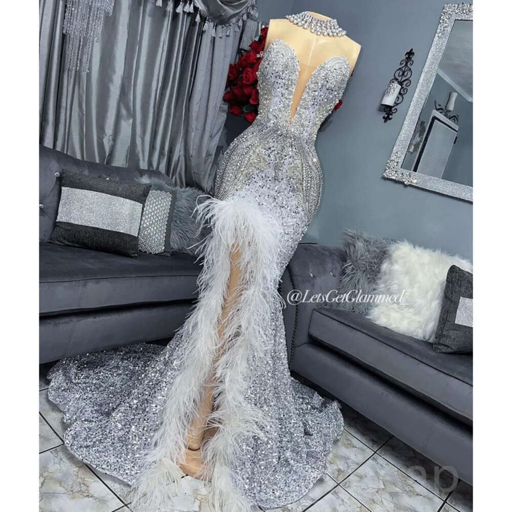 Ebi Beaded Aso Arabic Crystals Prom Dress Feather Sequined Lace Evening Formal Party Second Reception Birthday Engagement Gowns Dresses Robe De Soiree