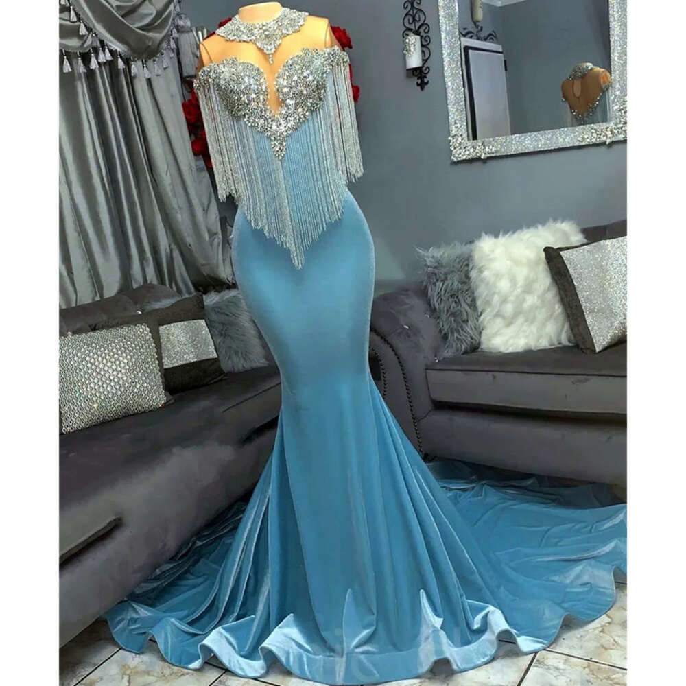 Aso Ebi Beaded Arabic Crystals Prom Dress Mermaid Satin Sexy Evening Formal Party Second Reception Birthday Engagement Gowns Dresses Robe De Soiree ZJ