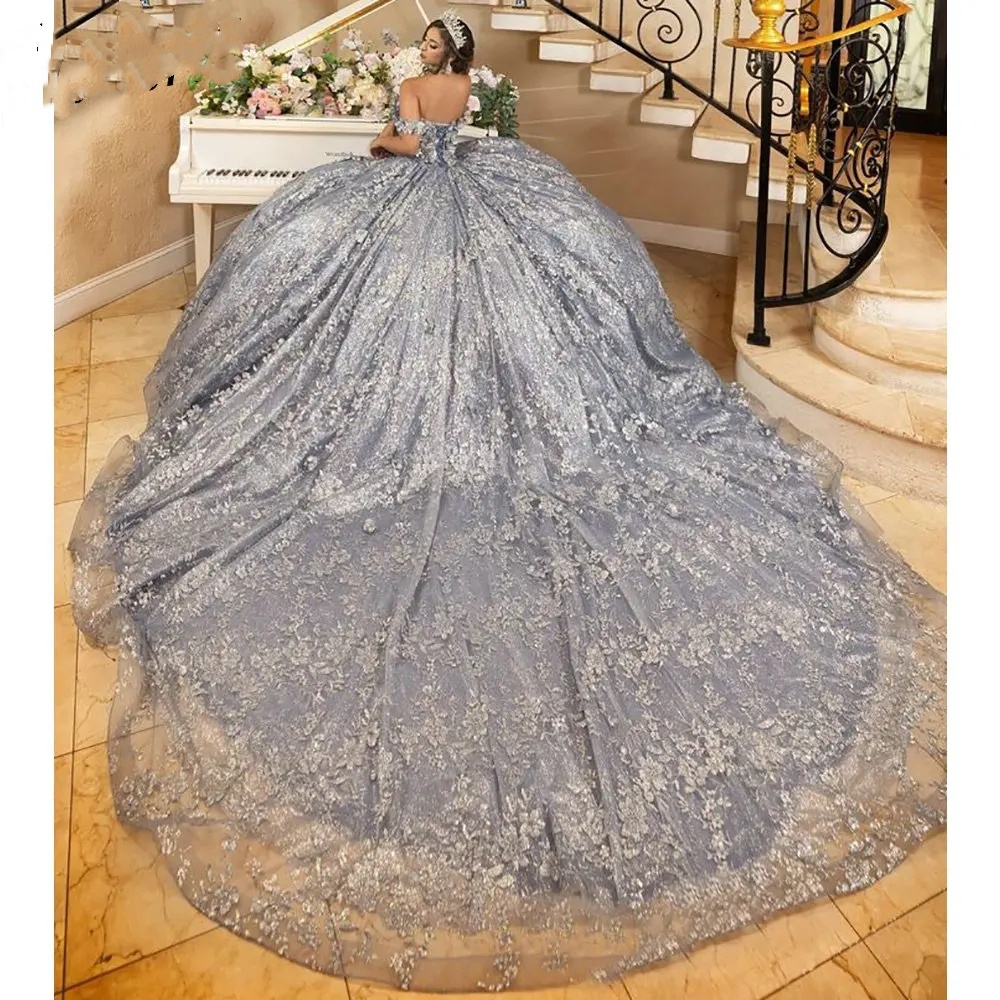Gray Sparkly Crystal Sequined Quinceanera Dresses Ball Gown Off The Shoulder 3D Flowers Appliques Lace Sweet 15 Birthday 0431