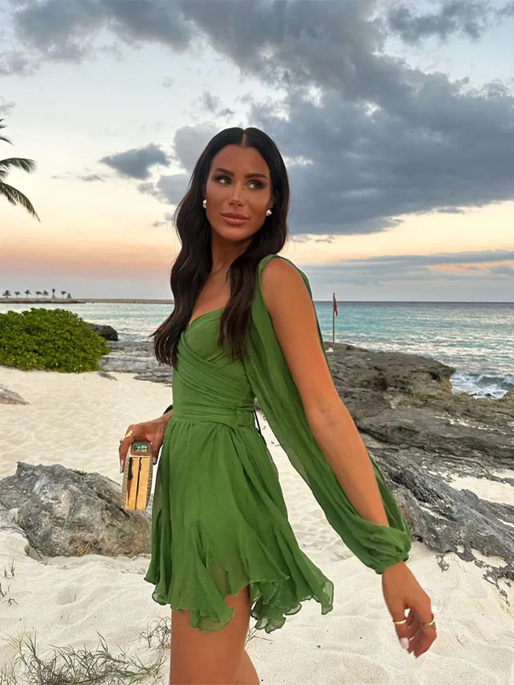 Chic Hollow Out Lantern Sleeve Mini Dres Elegant Solid V Neck Green Mesh Short Dresses Spring Summer Lady Beach Vestidos 240314