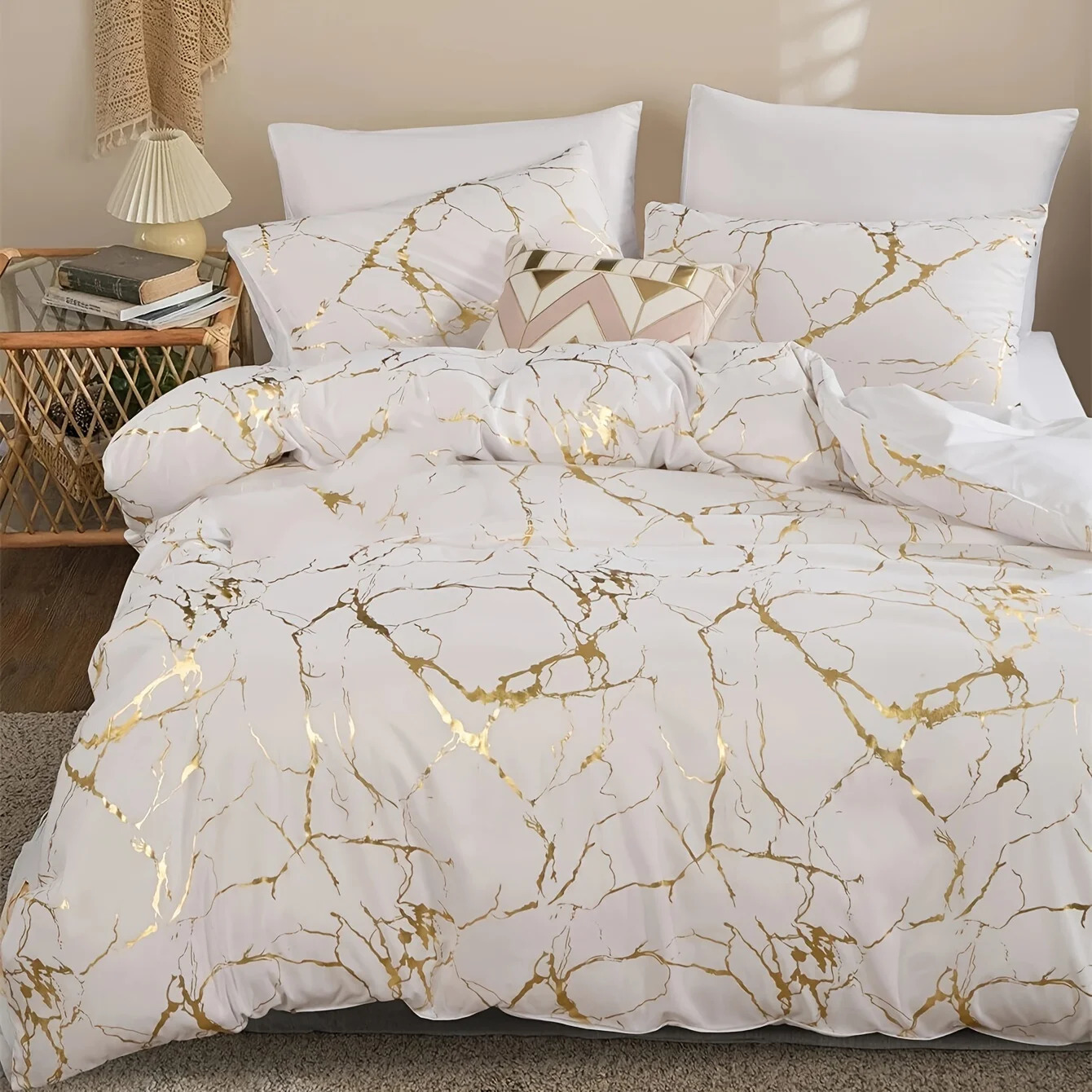Queen Bedding Duvet Set White Marble Printed 3 Piece Microfiber Down Comforter Quilt Cover with Zipper Closure