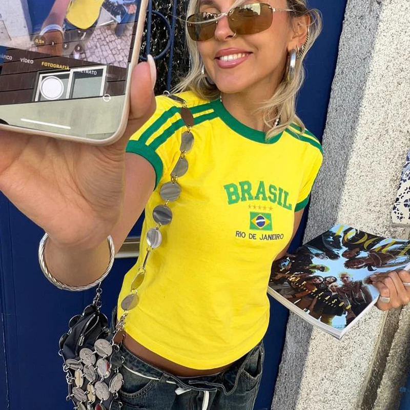 American Retro Fashion Slim Casual Short Sleeve Cut Sexy Top Navel Dress Y2K Female Brazil Flag Printed Shirt T-shirt 240315