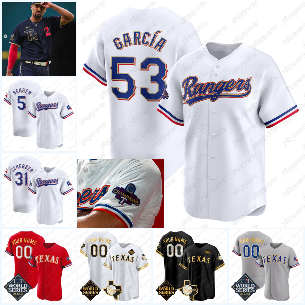 Texas Adolis Garcia Rangers Baseball Jerseys 2024 World Series Gold Program Max Scherzer Marcus Semien Gold-trimmed Corey Seager Jacob deGrom Josh Jung Taveras Heim