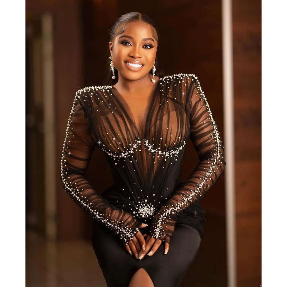 Mermaid African Beading Prom Sexy V Neck Front Split Long Sleeve Evening Gown Satin Outfit Formal Dresses 6660305